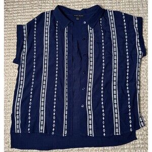 Womens Embroidered Blouse Large Navy Button Front Boho Short Sleeve Top